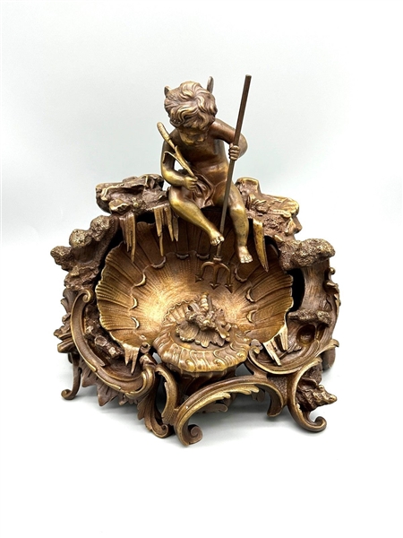Continental Cherub Bronze on Shell Figural Inkwell