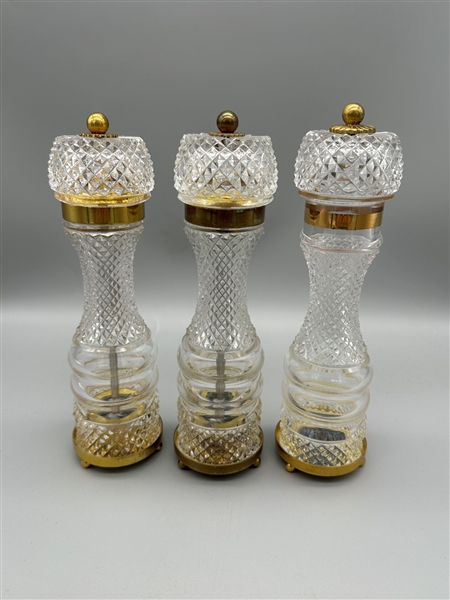 (3) French Crystal Diamond Cut Salt & Pepper Mills