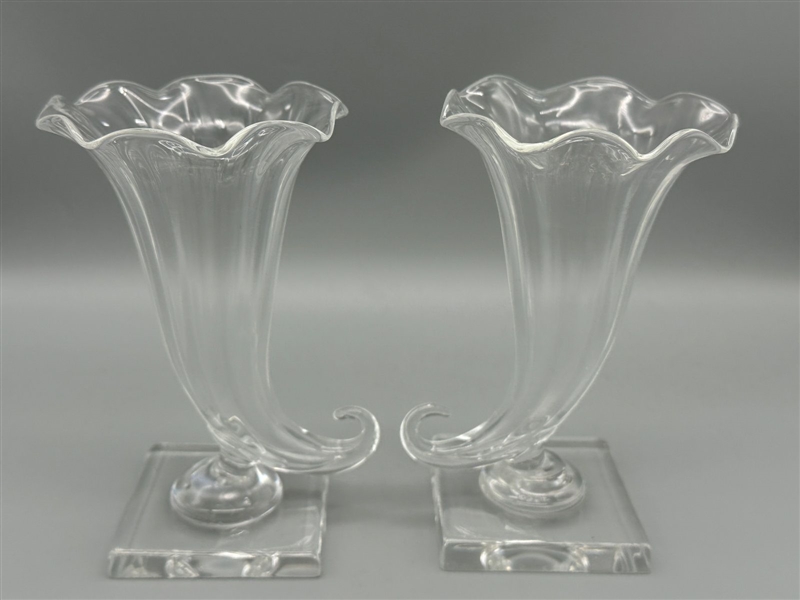 Pair Steuben Glass Cornucopia Vases