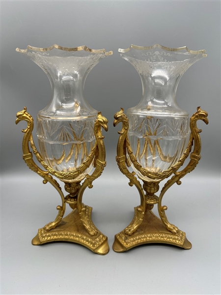 Pair French Gilt Crystal and Brass Vase Holders Bird Detail