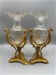 Pair French Gilt Crystal and Brass Vase Holders Bird Detail