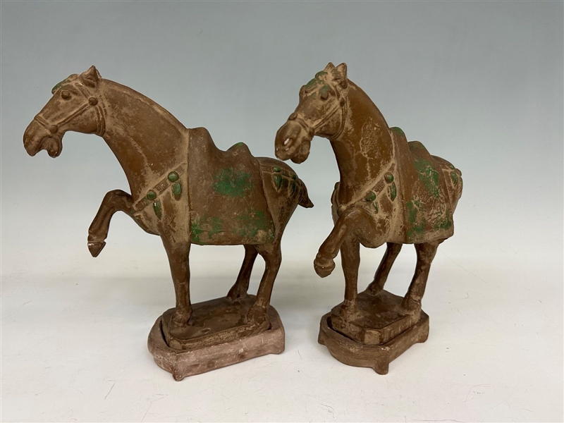Mid Century 20th Century Tang Terracotta Horse Sculptures on Matching Stands