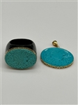 14k Gold Hand Carved Turquoise Ring and Matching Pendant