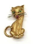 14k Gold F & F Felger Cat Brooch With Emerald Eyes and Ruby Mouth