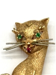 14k Gold F & F Felger Cat Brooch With Emerald Eyes and Ruby Mouth