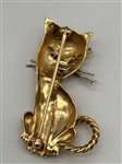 14k Gold F & F Felger Cat Brooch With Emerald Eyes and Ruby Mouth