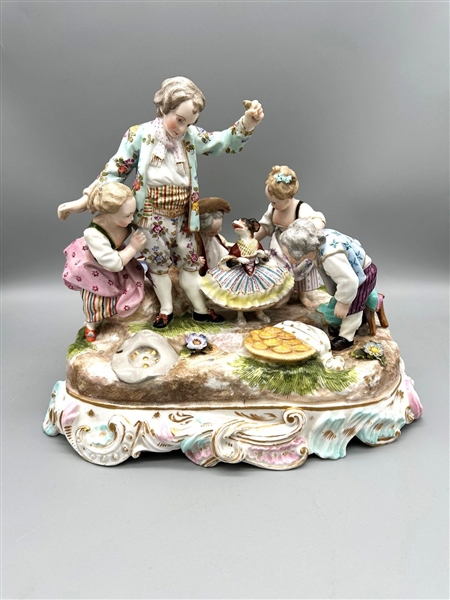 Meissen Figural Porcelain Group Children Party With Dancing Dog