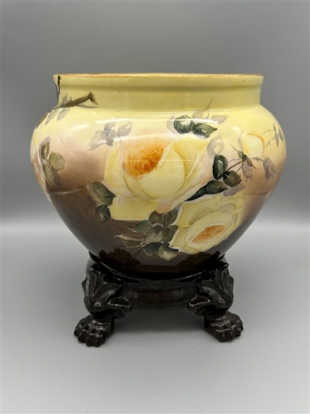 Jardiniere on Porcelain Stand Yellow Roses