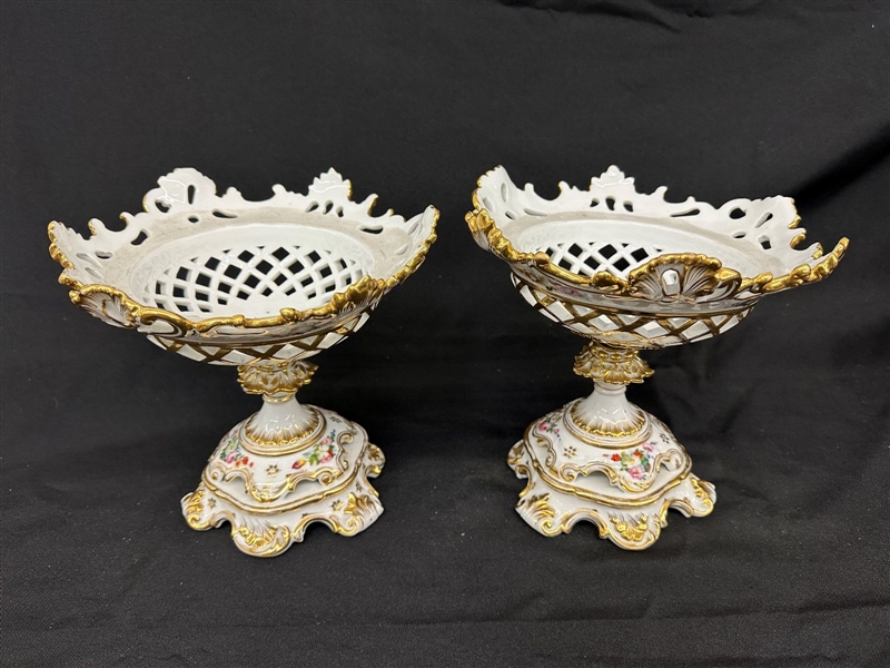 Pair of French Porcelain Reticulated Compotes