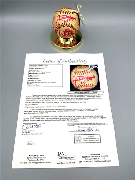 Hall of Famers Joe DiMaggio, Ted Williams, Bob Feller, Luke Appling, Lou Boudreau, Joe Cronin Signed Baseball Full Cert JSA
