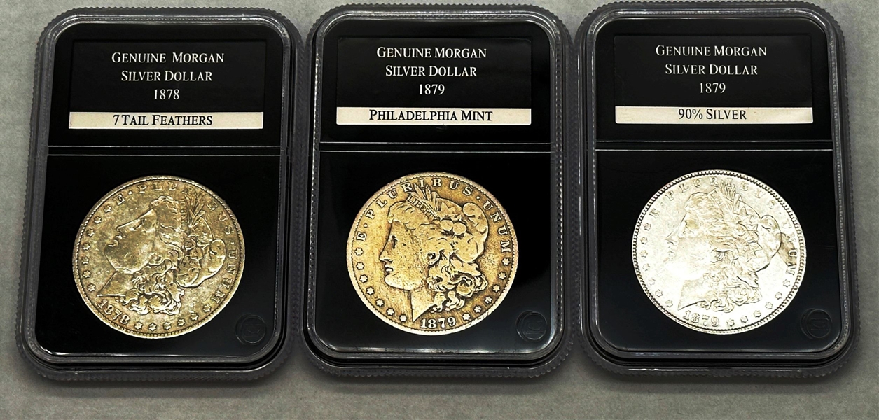 (3) Morgan Silver Dollars PCS Stamps & Coins