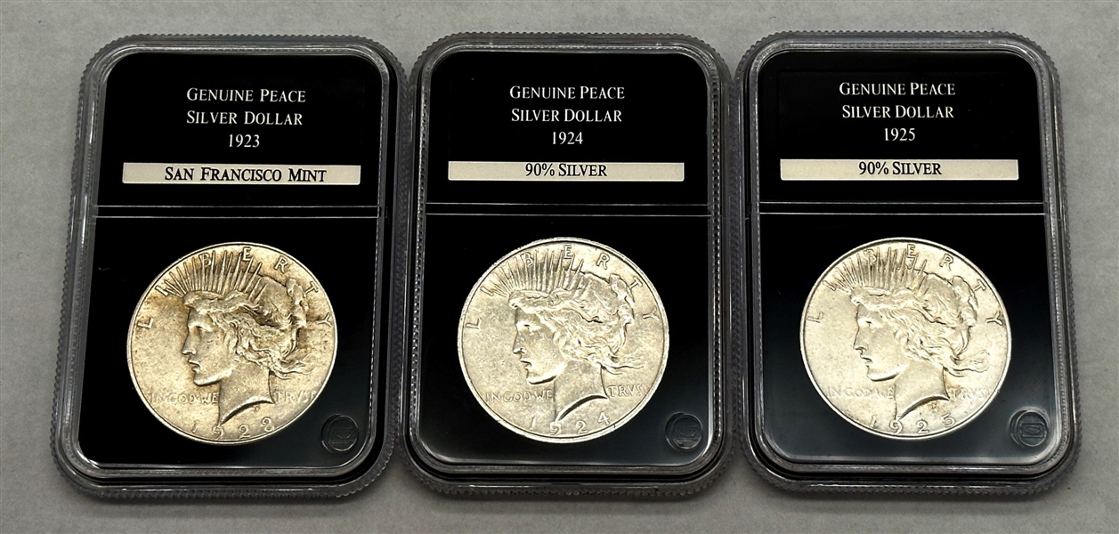 (3) Peace Silver Dollars PCS Stamps & Coins