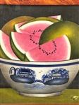 Petra Haas (PA 20th Century) Theorem Still Life Painting Watermelon in Blue Canton Bowl