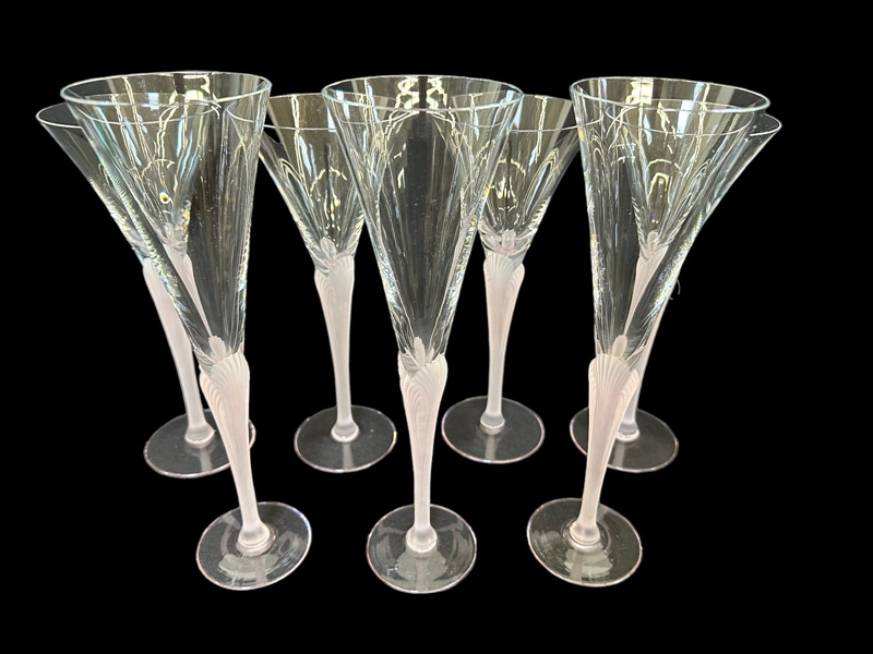 (7) Sasaki Crystal Aegean Champagne Flutes and Wine Glasses