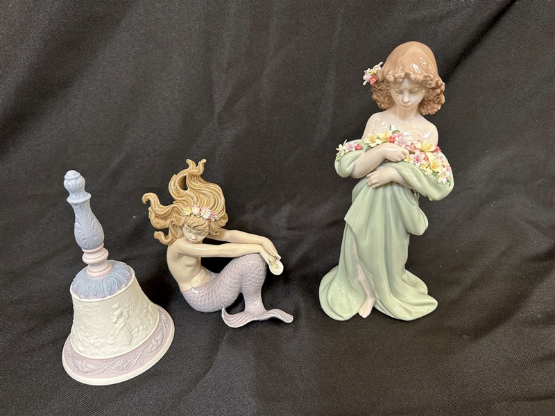 (3) Lladros; Bell, Mermaid "Mirage", Girl With Flowers
