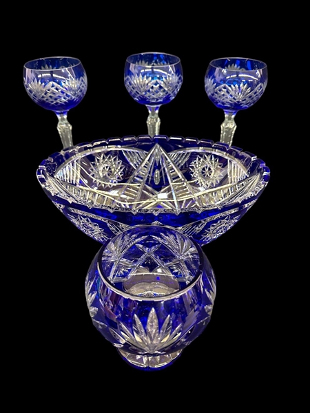 Group of Cobalt Cut to Clear Glassware