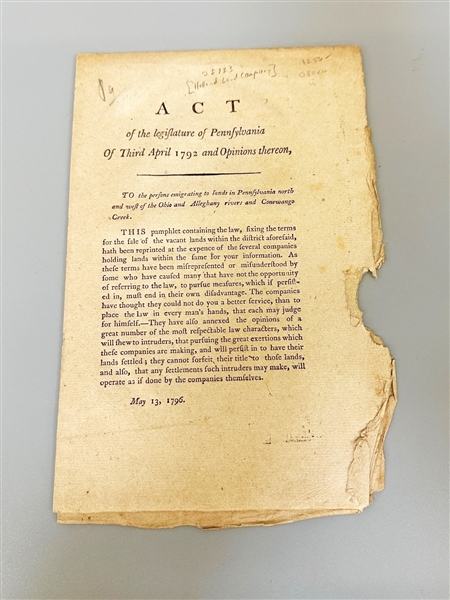 Holland Land Company: Act of the Legislature of PA. of 3rd April to the Persons Emigrating to Lands in PA north and west of the Ohio and Alleghany River Pamphlet 1796