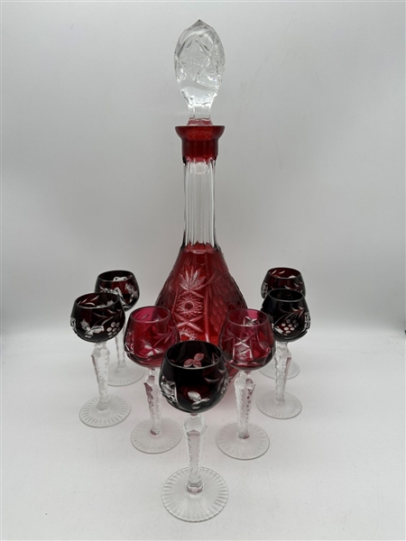 Bohemian Ruby Cut to Clear Decanter and (7) Cordials