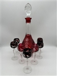 Bohemian Ruby Cut to Clear Decanter and (7) Cordials