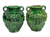Pair of Early 1900s French Provincial Green Glazed Terracotta Vessels