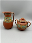 Prattware Watcombe Pottery Glazed Terracotta Tea Pitcher and Sugar 