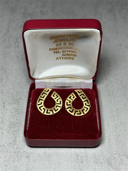 18k Yellow Gold Earrings Key Fret Dangles From Athens, Greece in Box