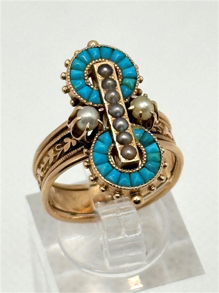 14k Yellow Gold 1800s Victorian English Memorial Turquoise and Pearl Ring
