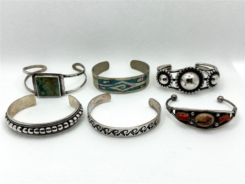 (6) Native American Sterling Silver Turquoise Cuff Bracelets