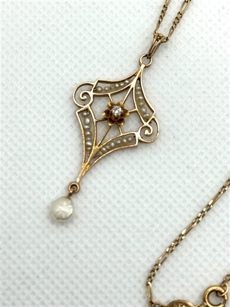 14k Yellow Gold Necklace with Victorian Seed Pearl Diamond Drop Dangle Pendant