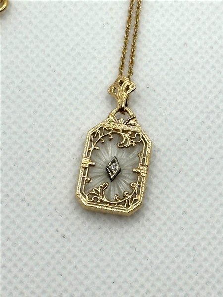 14k Yellow Gold Necklace With Camphor Glass Diamond Pendant