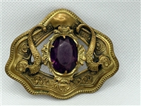 Brass Victorian Sash Brooch With Purple Rhinestone