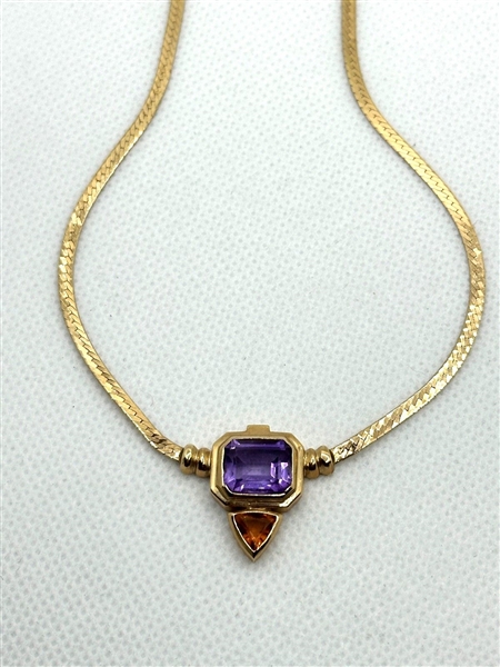 14k Herringbone Necklace With Emerald Cut Amethyst and Triangle Citrine