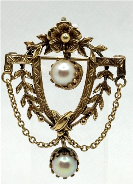 14k Gold Victorian Pendant Brooch With Drop Pearl Set in Gold With Chains