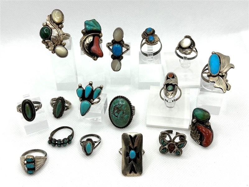 (17) Sterling Silver Native American Turquoise Rings