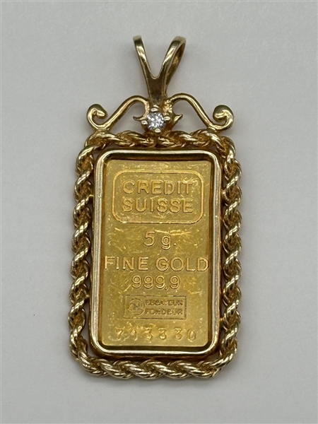Credit Suisse 5g Fine Gold .999 Pendant in 14k Gold Setting with Diamond Chip