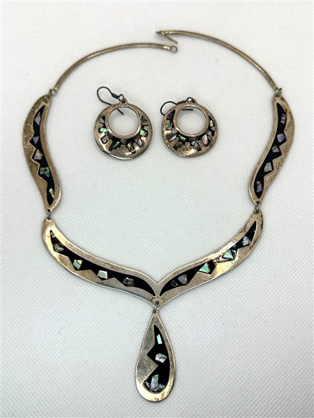 Mexican Sterling Silver MOP Choker and Earring Set
