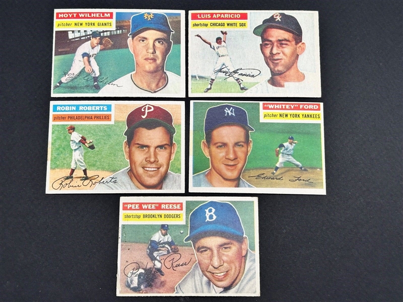 (5) 1956 Topps Baseball Cards: Pee Wee Reese, Luis Aparicio, Hoyt Wilhelm, Whitey Ford, Robin Roberts
