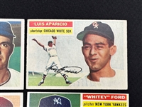 (5) 1956 Topps Baseball Cards: Pee Wee Reese, Luis Aparicio, Hoyt Wilhelm, Whitey Ford, Robin Roberts