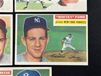 (5) 1956 Topps Baseball Cards: Pee Wee Reese, Luis Aparicio, Hoyt Wilhelm, Whitey Ford, Robin Roberts