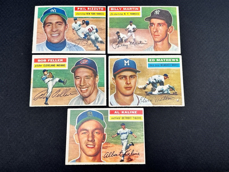 (5) 1956 Topps Baseball Cards: Al Kaline, Ed Mathews, Bob Feller, Billy Martin, Phil Rizutto