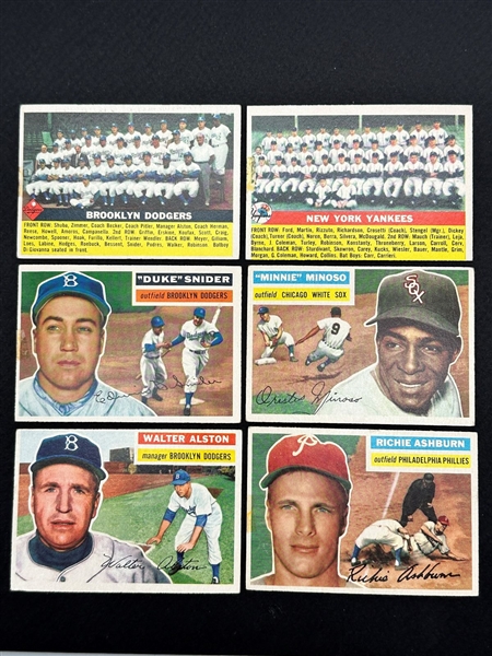 (6) 1956 Topps Baseball Cards: Richie Ashburn, Walter Alston, Minnie Minoso, Duke Snider, NY Yankees, Dodgers
