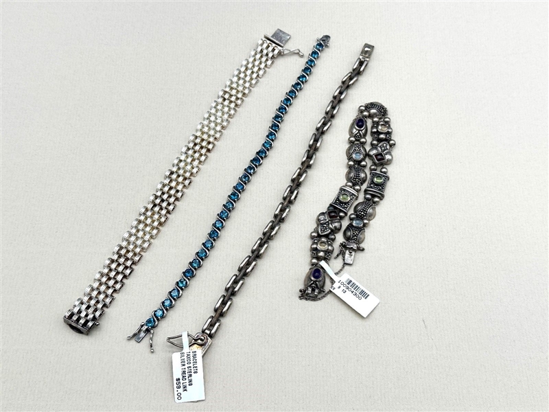 (4) Sterling Silver Bracelets; Solid Sterling and Gemstones