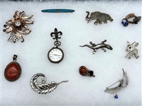 (11) Sterling Silver Brooches, Pendants, Cuff Links