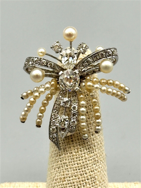 Ladys Platinum, Diamond (2.84 Carats), & Pearl Brooch With Appraisal