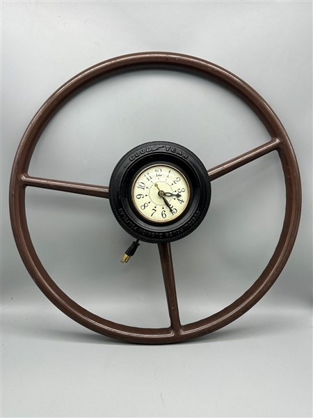 Early Art Deco Goodyear Ashtray Hand Crafted Clock in Early Vehicle Steering Wheel