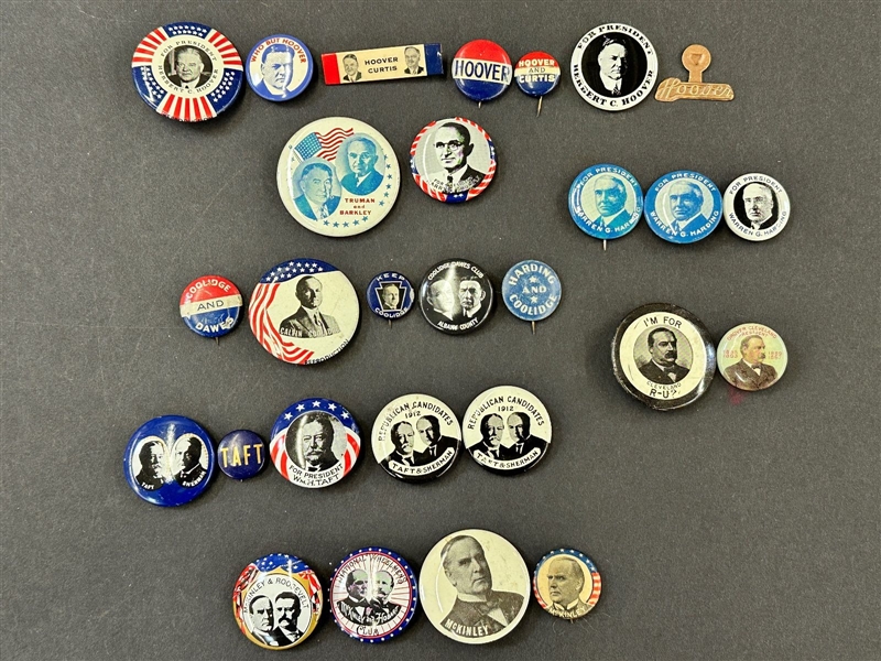 (28) Early President Celluloid Pinbacks; McKinley, Taft, Coolidge, Cleveland, Harding, Truman, Hoover