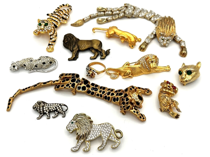 (12) Group of Lions and Tiger Brooches