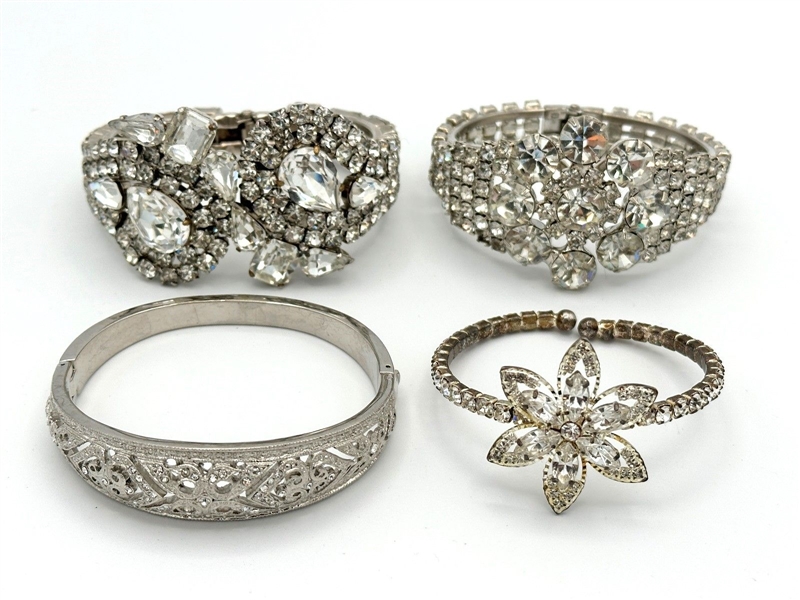 (4) Vintage Clear Rhinestone, Chunky Bracelets