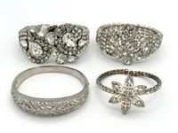 (4) Vintage Clear Rhinestone, Chunky Bracelets