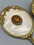 Antique Gold Tone Dresser Brush and Mirror With Citrine Colored Stone